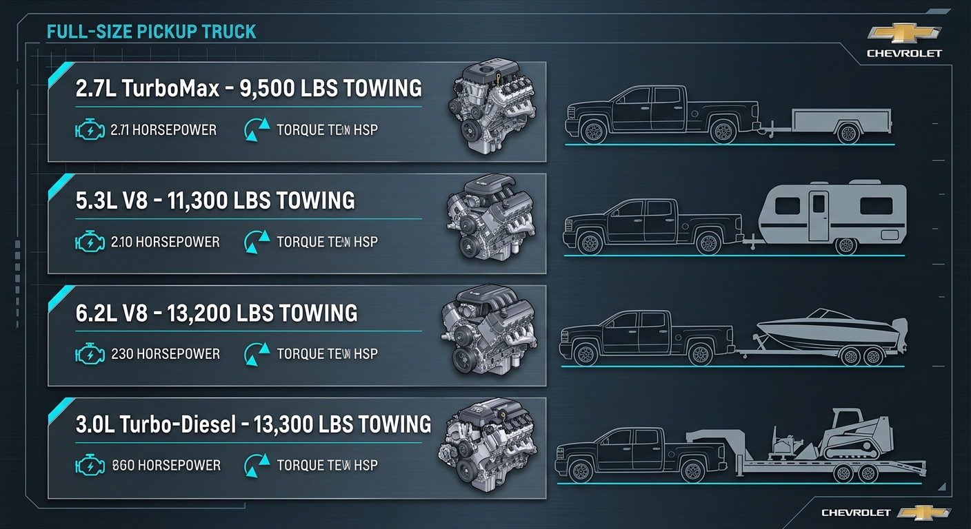 What engines are available in the 2026 Silverado 1500 and their towing capacities? | Newton Chevrolet of Russellville
